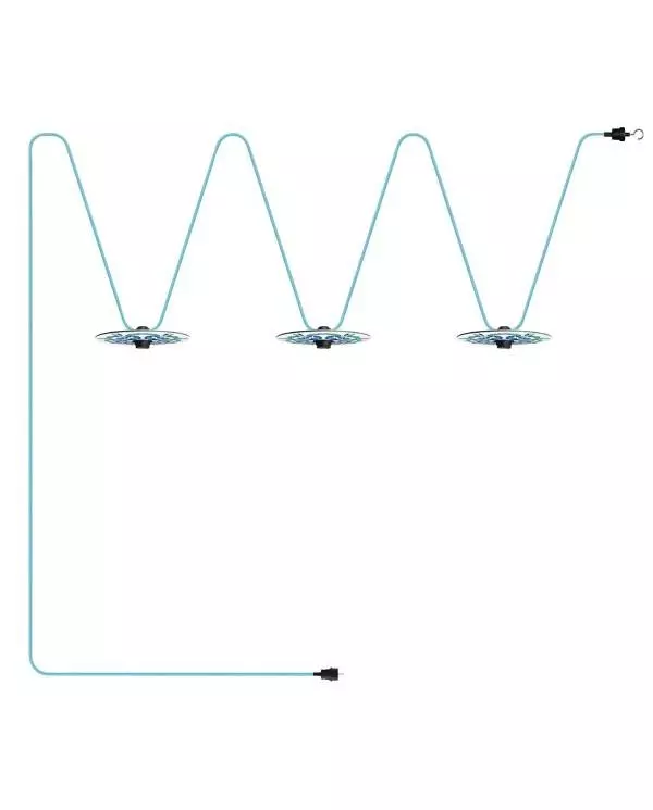 Lumet Lichterkettensystem 'Maiolica', 10 m lang, mit Textilkabel, 3 Fassungen und Lampenschirmen, Haken und schwarzem Stecker