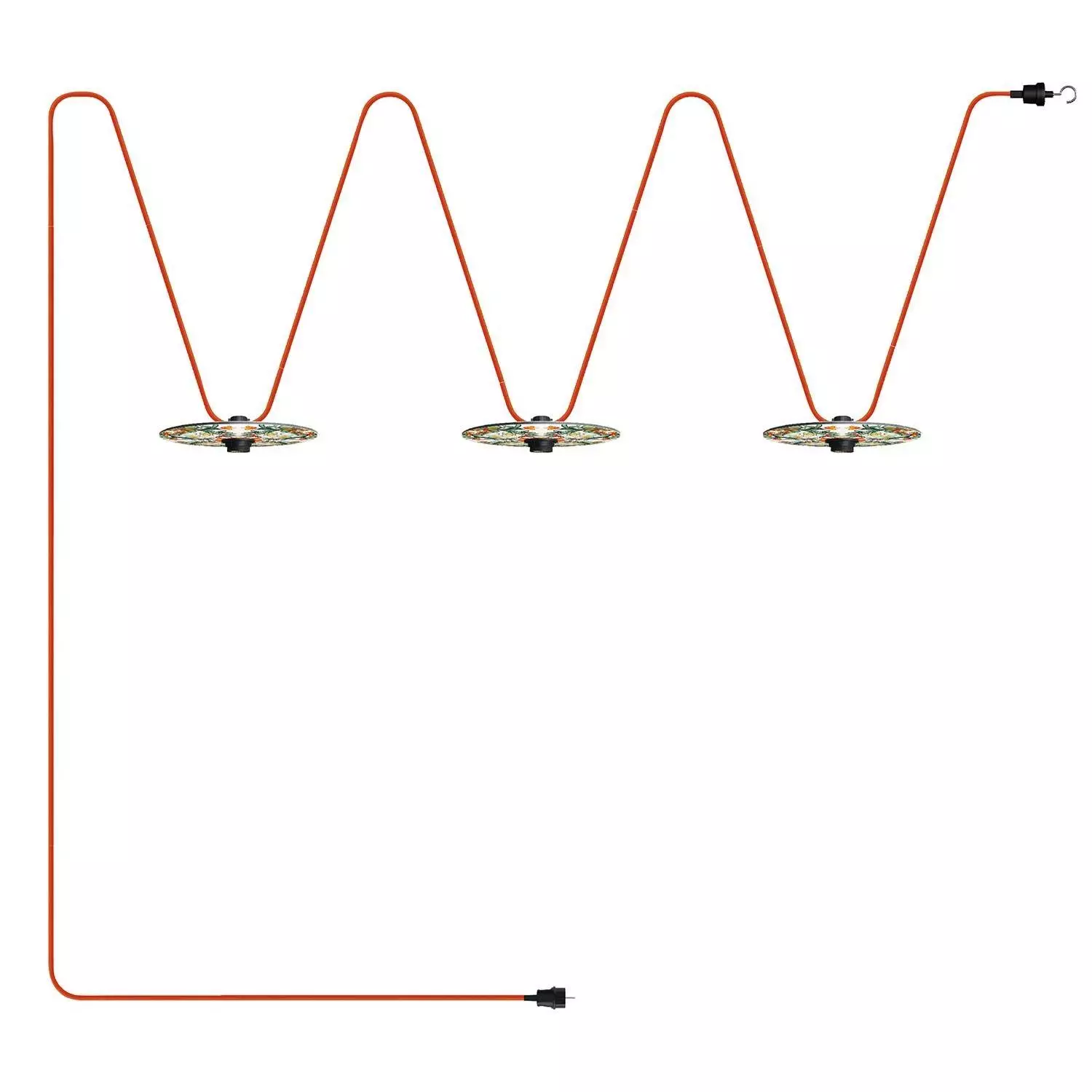 Lumet Lichterkettensystem 'Maiolica', 10 m lang, mit Textilkabel, 3 Fassungen und Lampenschirmen, Haken und schwarzem Stecker