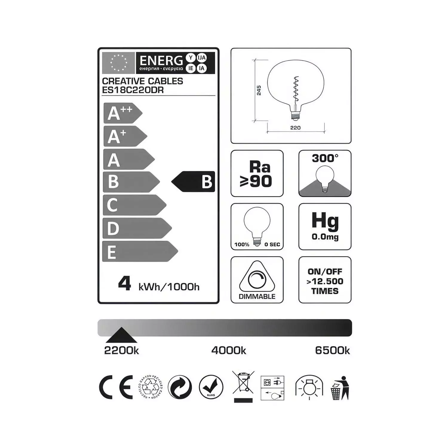 LED-Glühbirne XXL Cobble Traum (Dream) Spiral-Filament 4W 100Lm E27 2200K Dimmbar