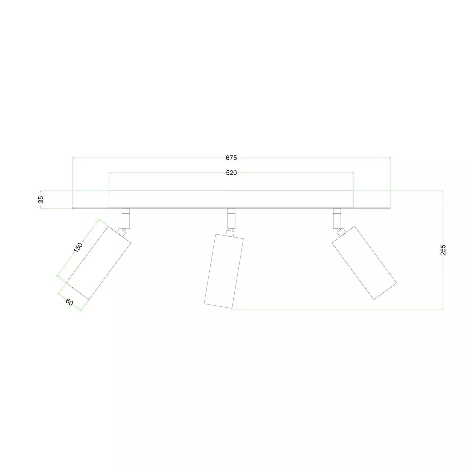 Leuchte mit 3 Strahlern, mit Tub-E14 Lampenschirmen und rechteckigem XXL Rose-One Baldachin