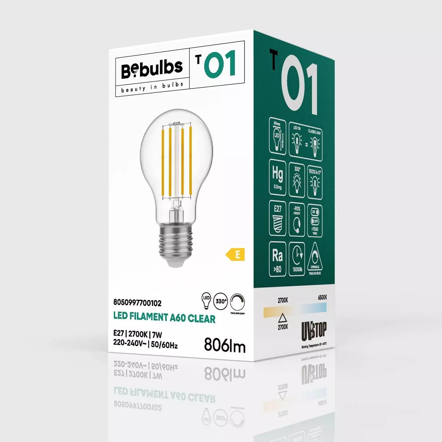 LED Glühbirne Tropfenform A60, transparent 7W 806Lm E27 2700K dimmbar - T01