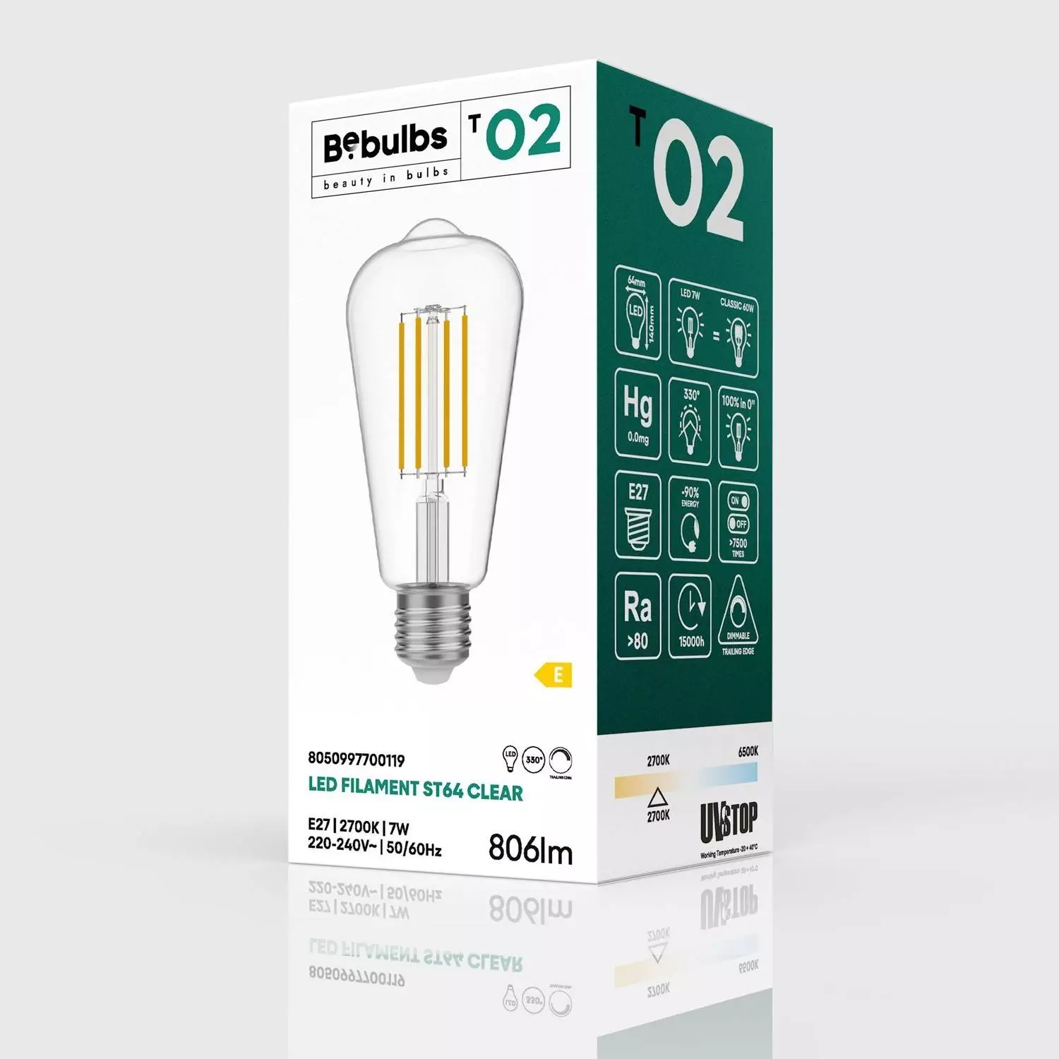 LED Glühbirne Edison ST64, transparent 7W 806Lm E27 2700K dimmbar - T02