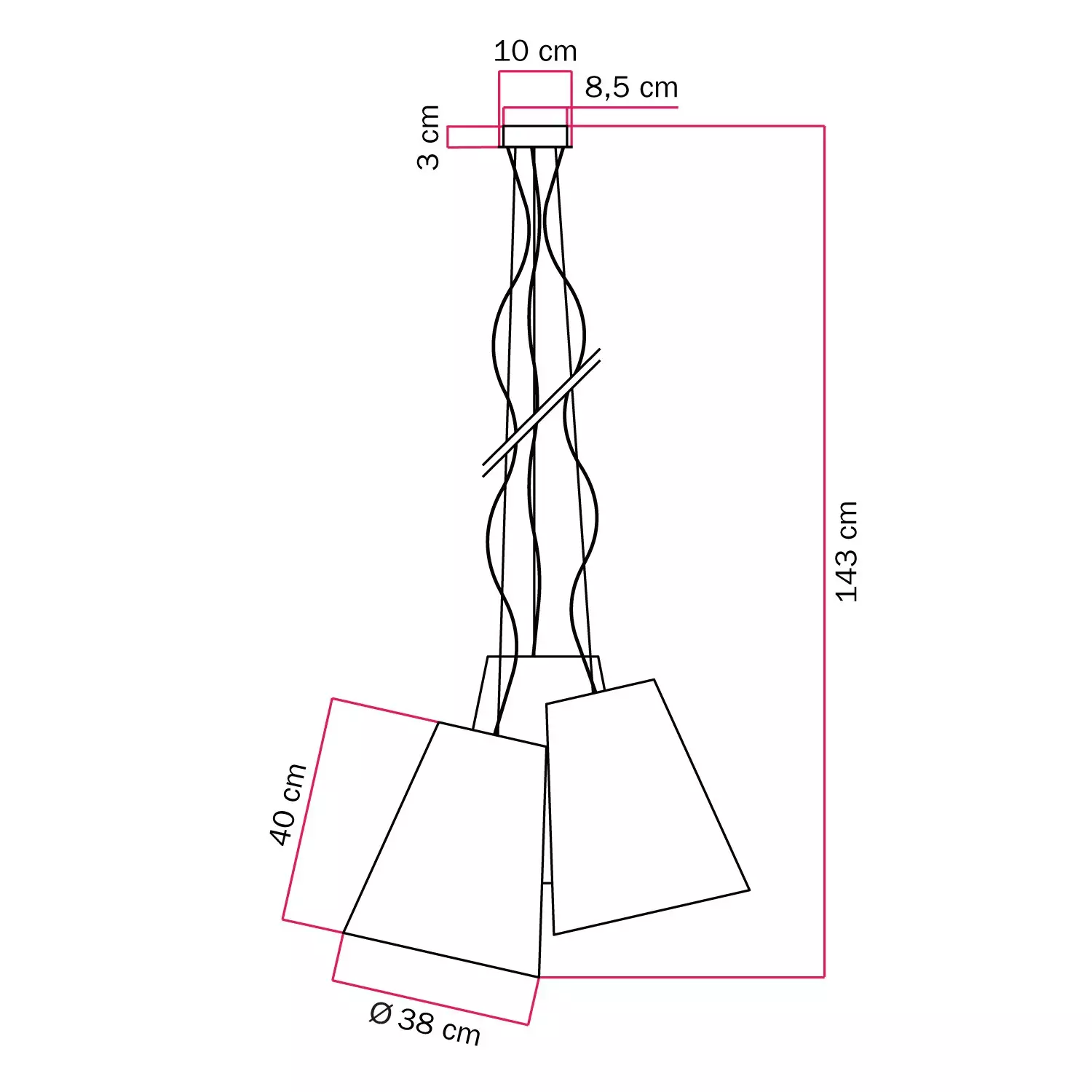 Dreiteiliger Kronleuchter mit zweifarbigen Kegel-Schirmen - Made in Italy